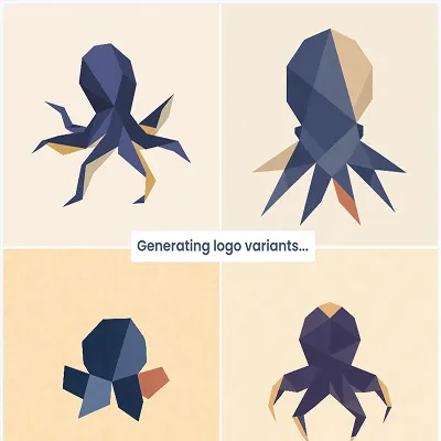 An Image node holding a 2×2 grid of generated logo variants with the generation caption beneath