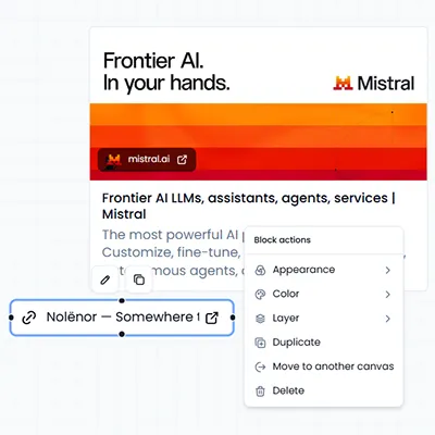 A Link node showing a fetched page preview (thumbnail, title, description and favicon) for an external URL