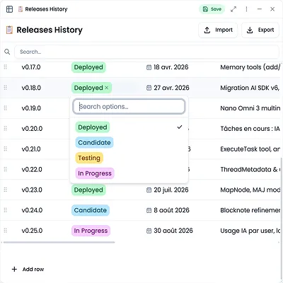 A Table node with typed columns (version, status select, date, text) and one select cell open