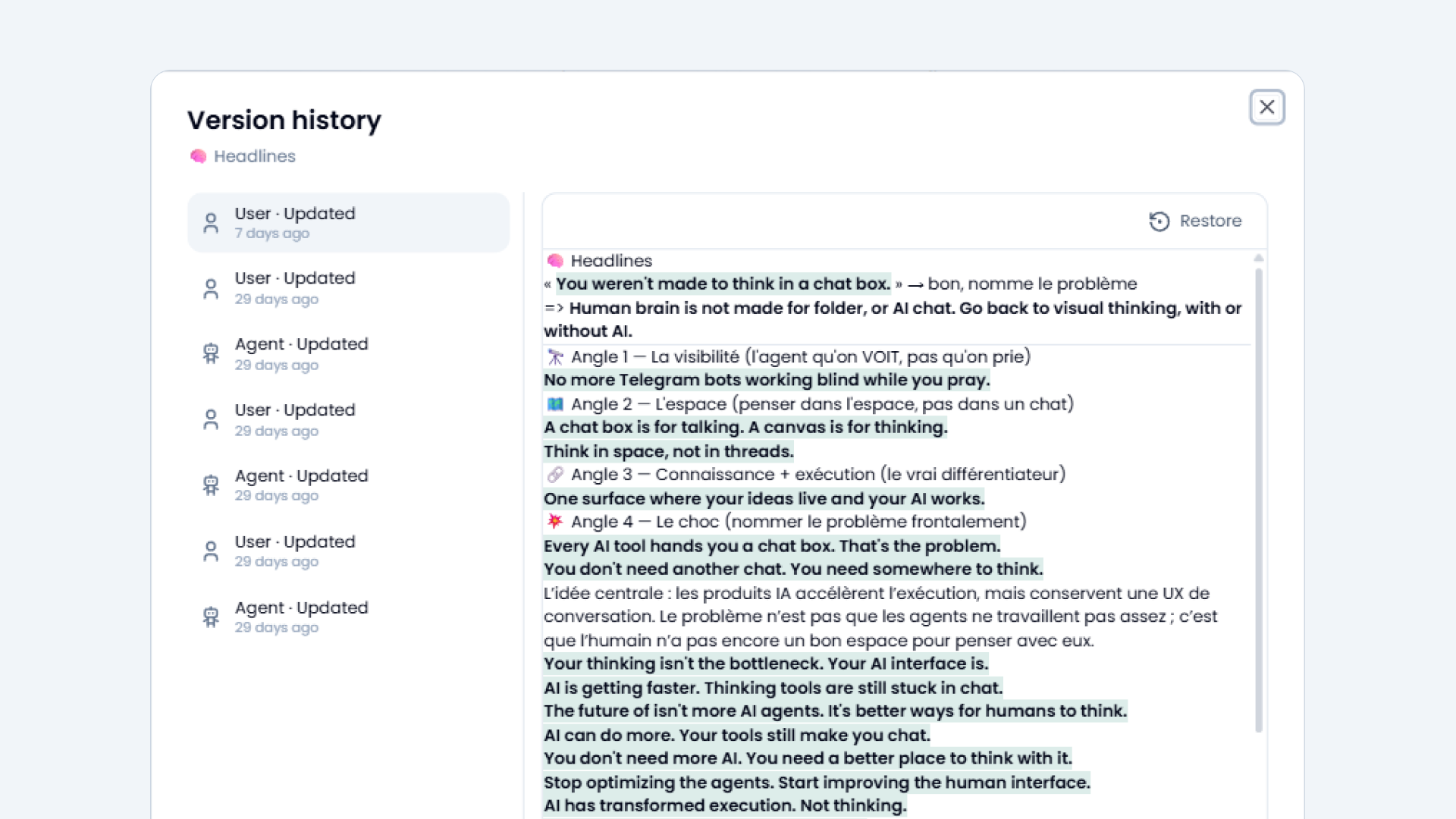 A node's version history open, with the agent's edits and the author's own listed separately down the timeline